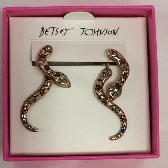 NIB BETSEY JOHNSON GOLD TONE SNAKE RAINBOW RHINESTONE DANGLE EARRINGS - Picture 1 of 7